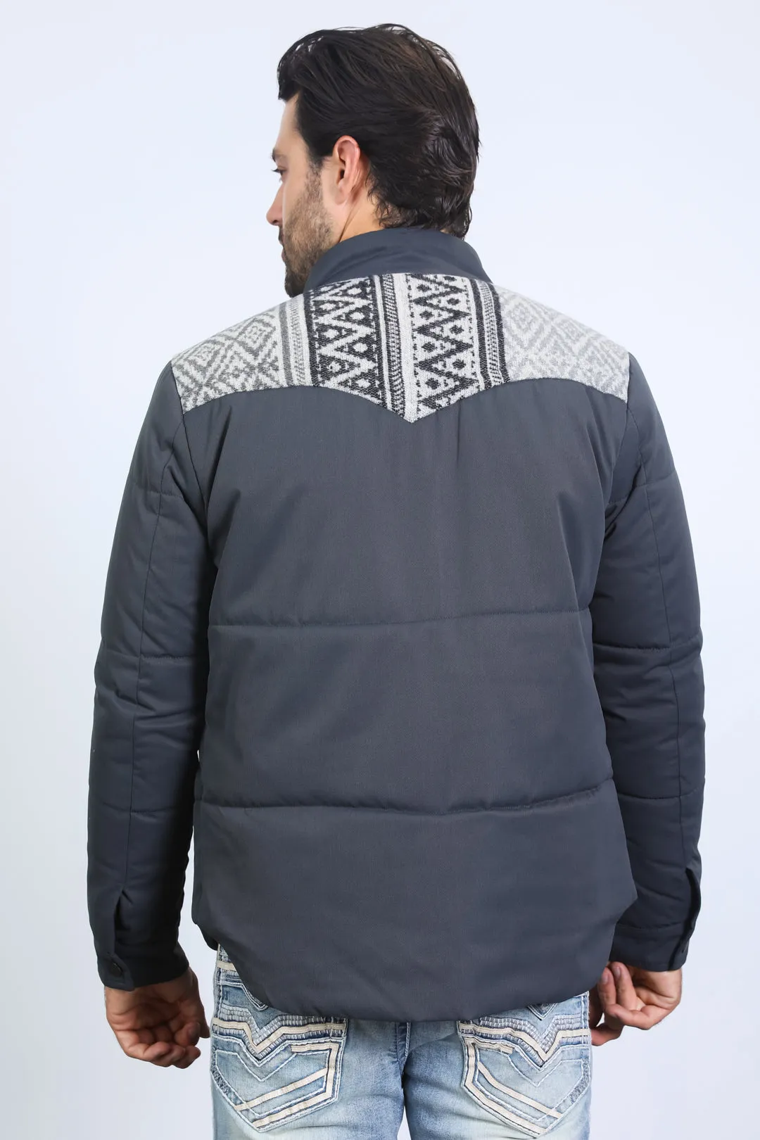 Men's Ethnic Aztec Quilted Fur Lined Twill Grey Jacket