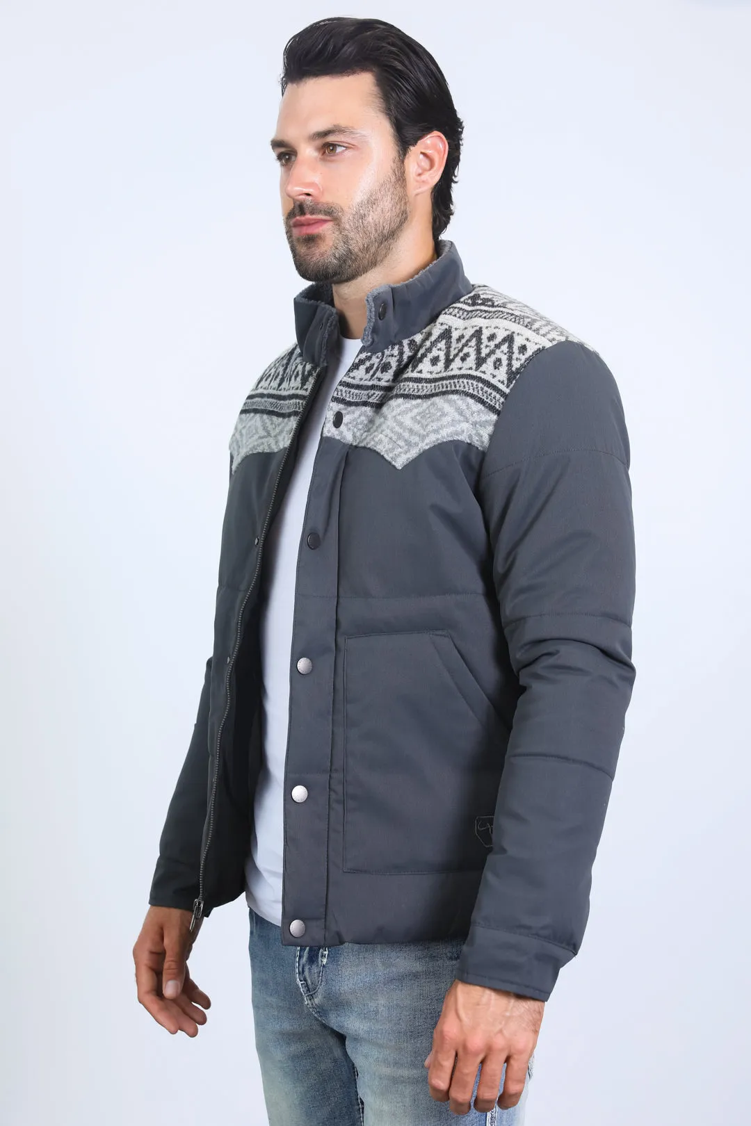 Men's Ethnic Aztec Quilted Fur Lined Twill Grey Jacket