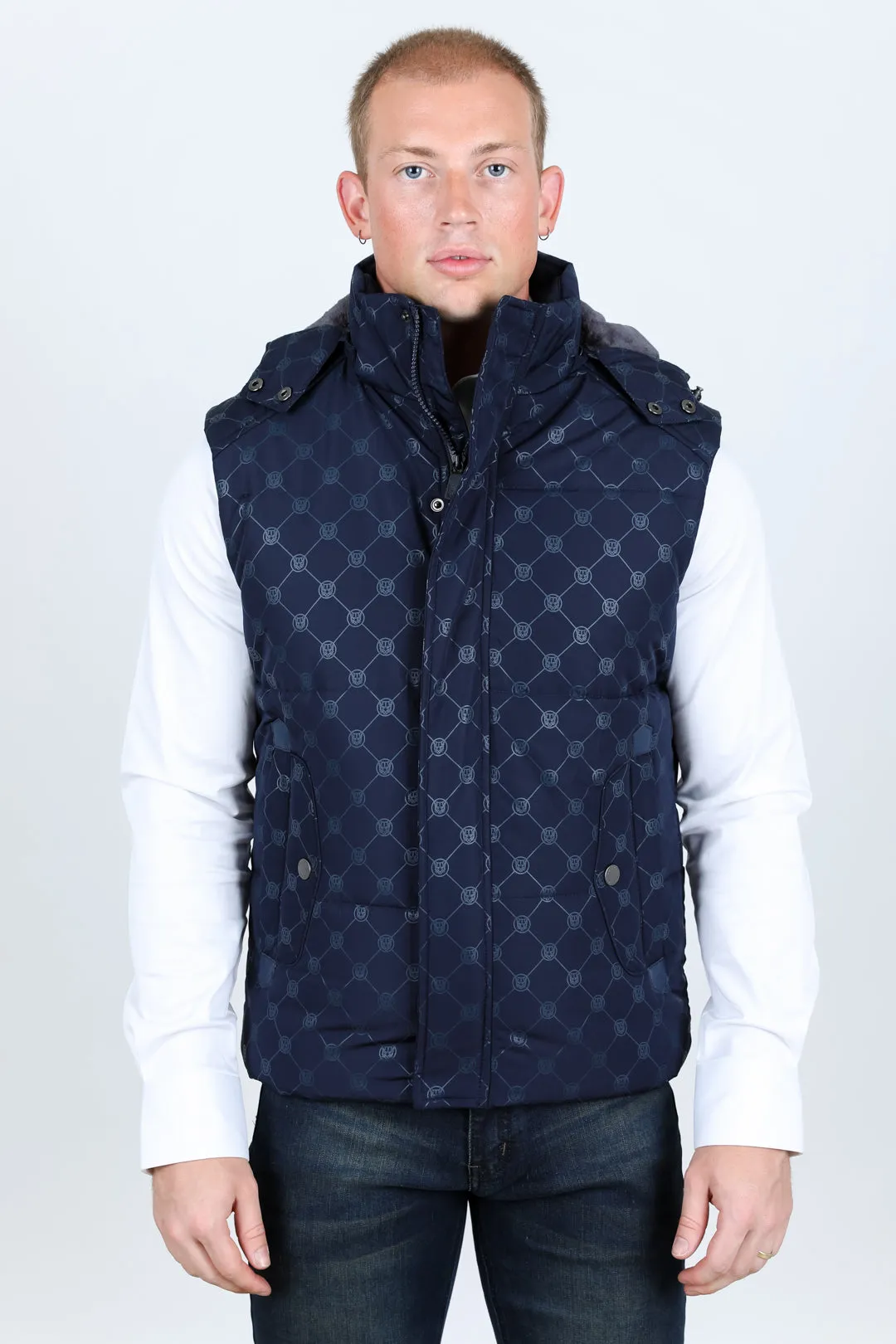 Men's Fur Lined Quilted Monogram Vest - Navy