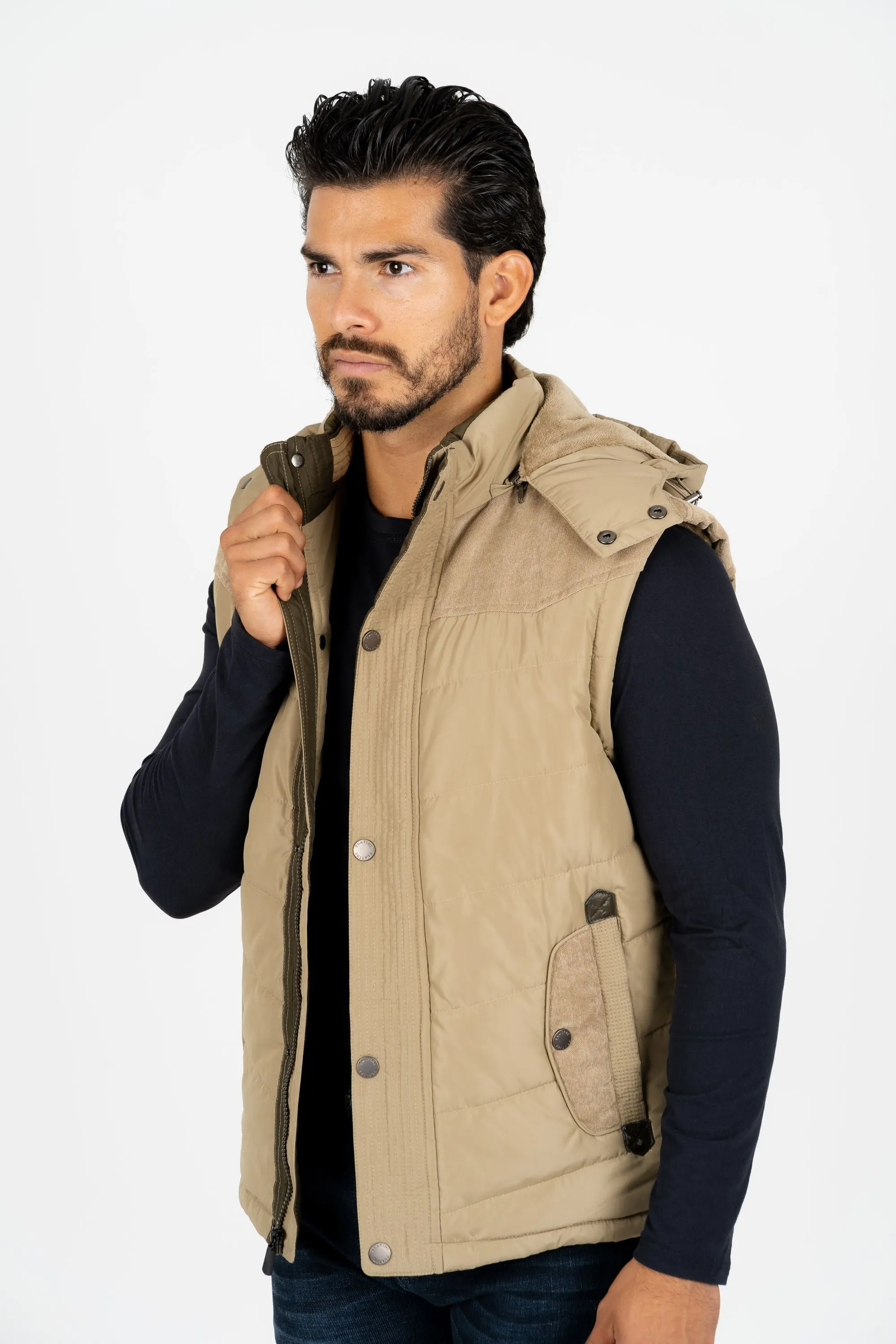 Men's Khaki Padded Hooded Vest w/ Faux Fur Lining