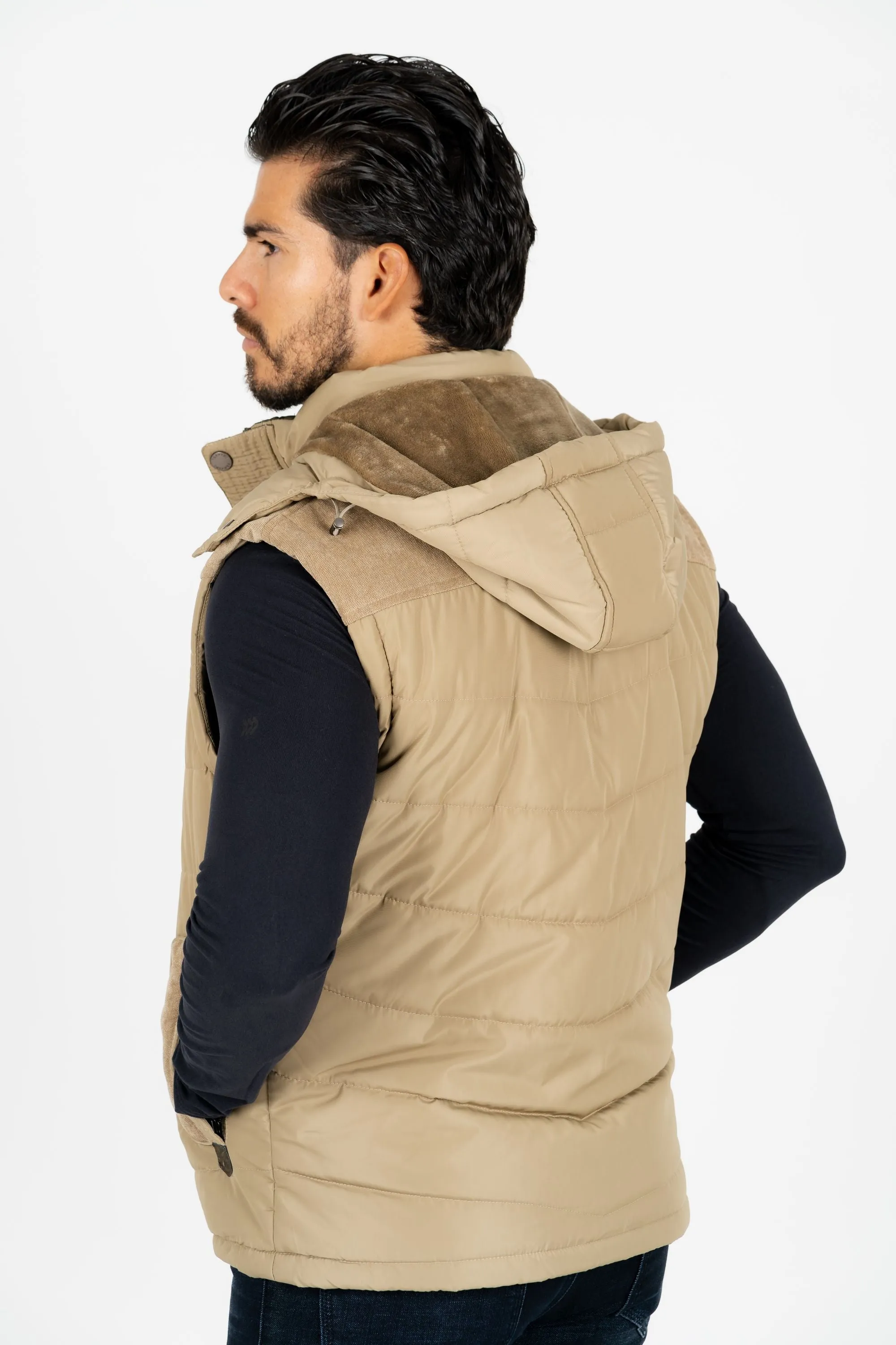 Men's Khaki Padded Hooded Vest w/ Faux Fur Lining