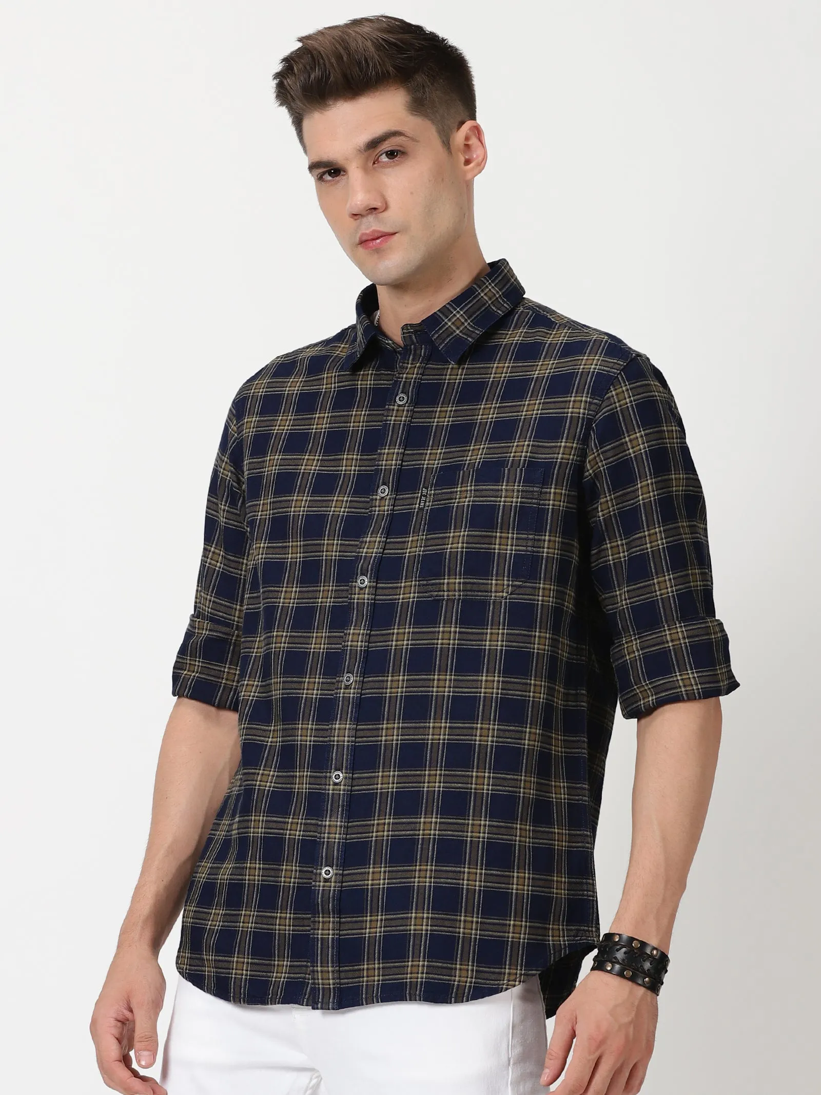 MEN'S LT OLIVE CHECKS SLIM FIT SHIRT