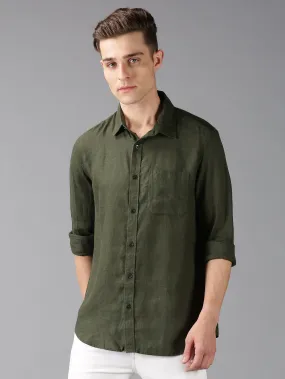 MEN'S OLIVE LINEN SOLID SLIM FIT SHIRT