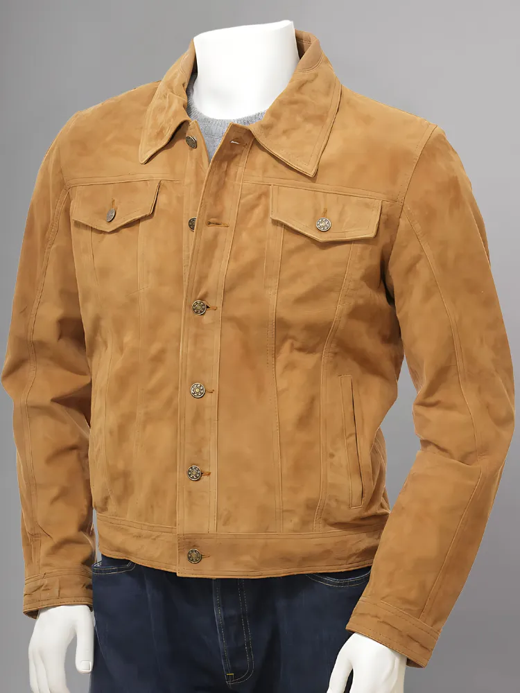 Men's Olive Suede Trucker Jeans Leather Jacket