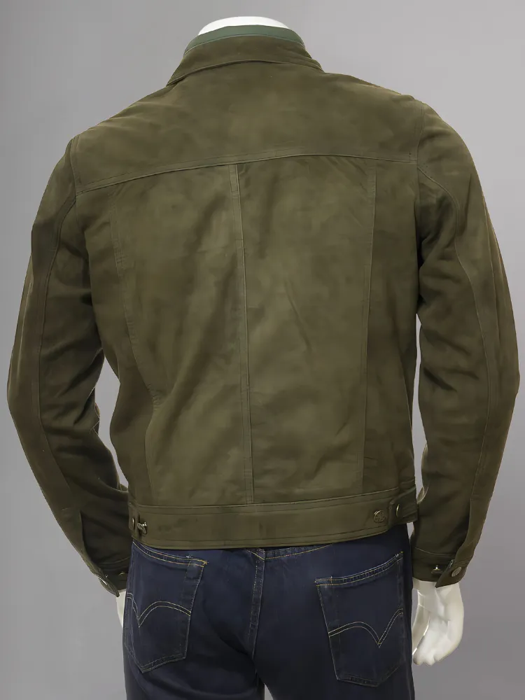 Men's Olive Suede Trucker Jeans Leather Jacket