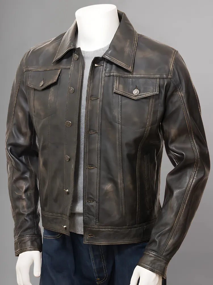 Men's Olive Suede Trucker Jeans Leather Jacket