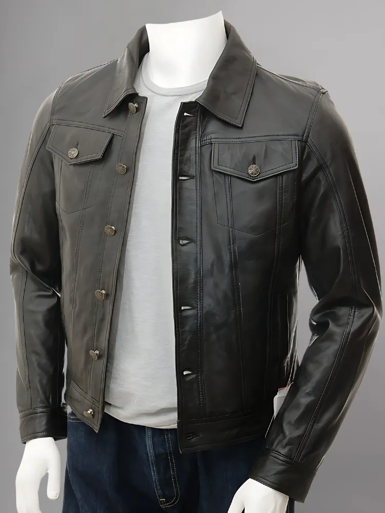 Men's Olive Suede Trucker Jeans Leather Jacket