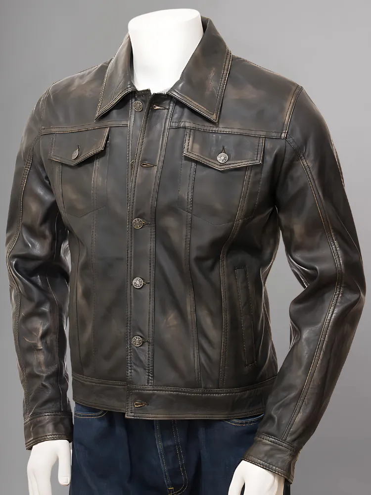 Men's Olive Suede Trucker Jeans Leather Jacket