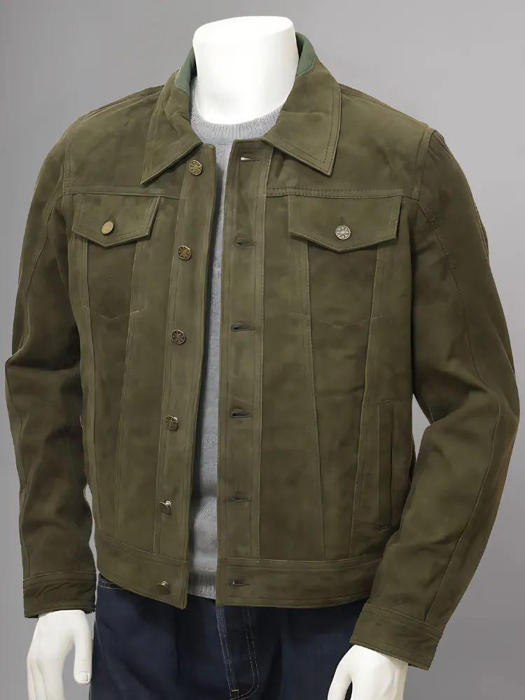 Men's Olive Suede Trucker Jeans Leather Jacket