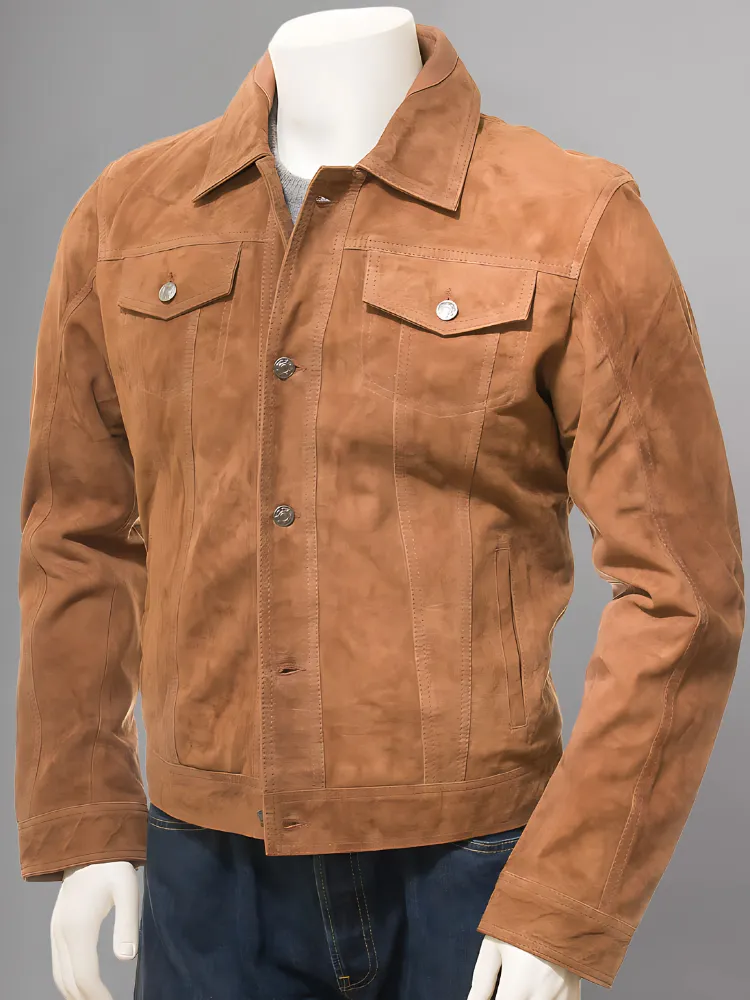 Men's Olive Suede Trucker Jeans Leather Jacket