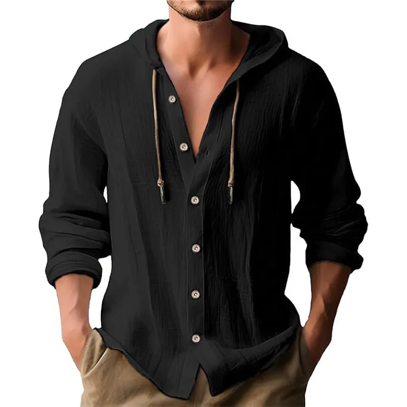 MEN'S SOLID COLOR CASUAL LONG SLEEVED SHIRT HOODED DRAWSTRING COTTON AND LINEN CARDIGAN