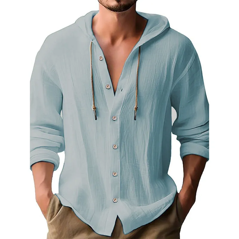 MEN'S SOLID COLOR CASUAL LONG SLEEVED SHIRT HOODED DRAWSTRING COTTON AND LINEN CARDIGAN