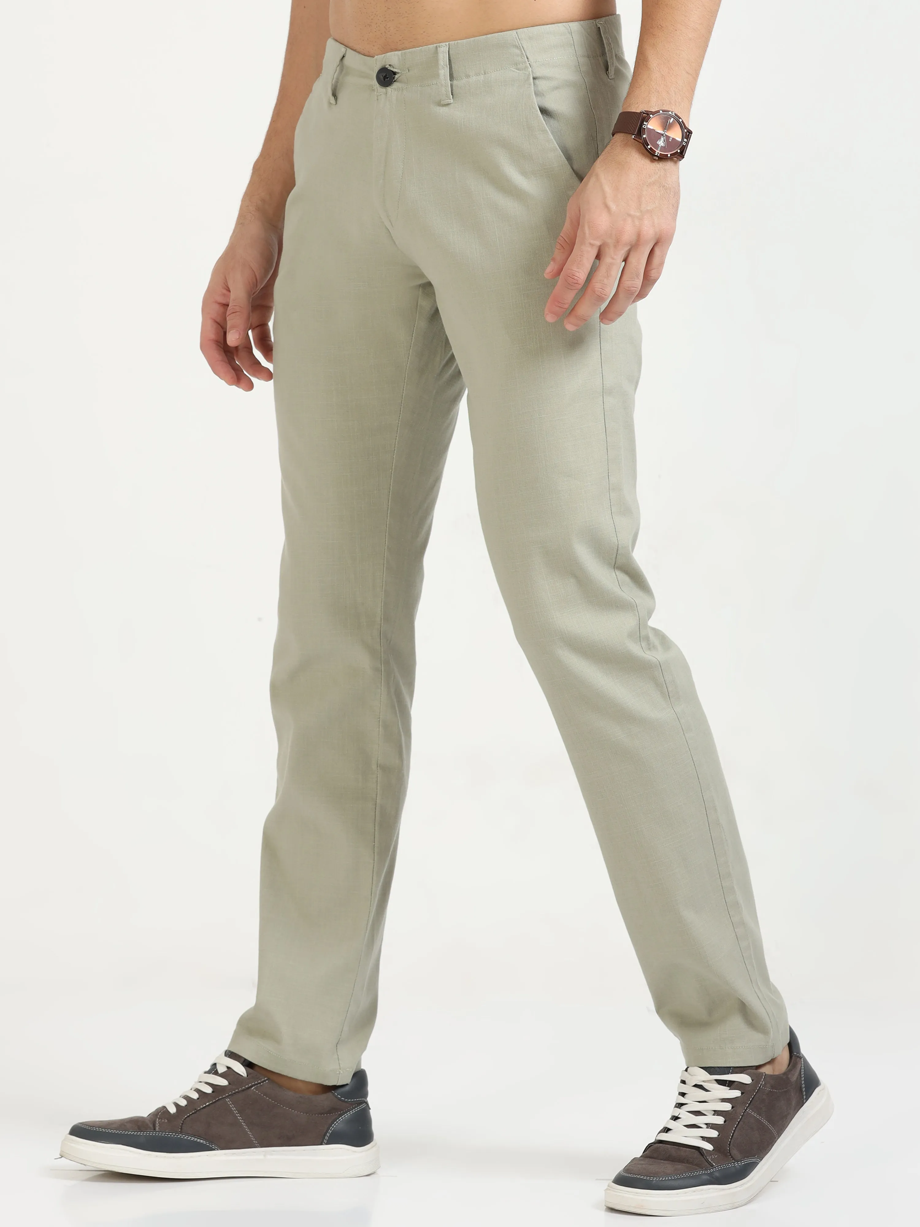 MEN'S  STEEL OLIVE SOLID SLIM FIT TROUSER