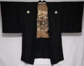 Montsuki Haori for Men - Solid Black Itutsumon Ceremonial Weddings Events Formal Kimono Jacket - Traditional Japanese Clothing - Rare Woven Pattern on Lining - Ancient Japan Mountain Scenery - Vintage 1950s