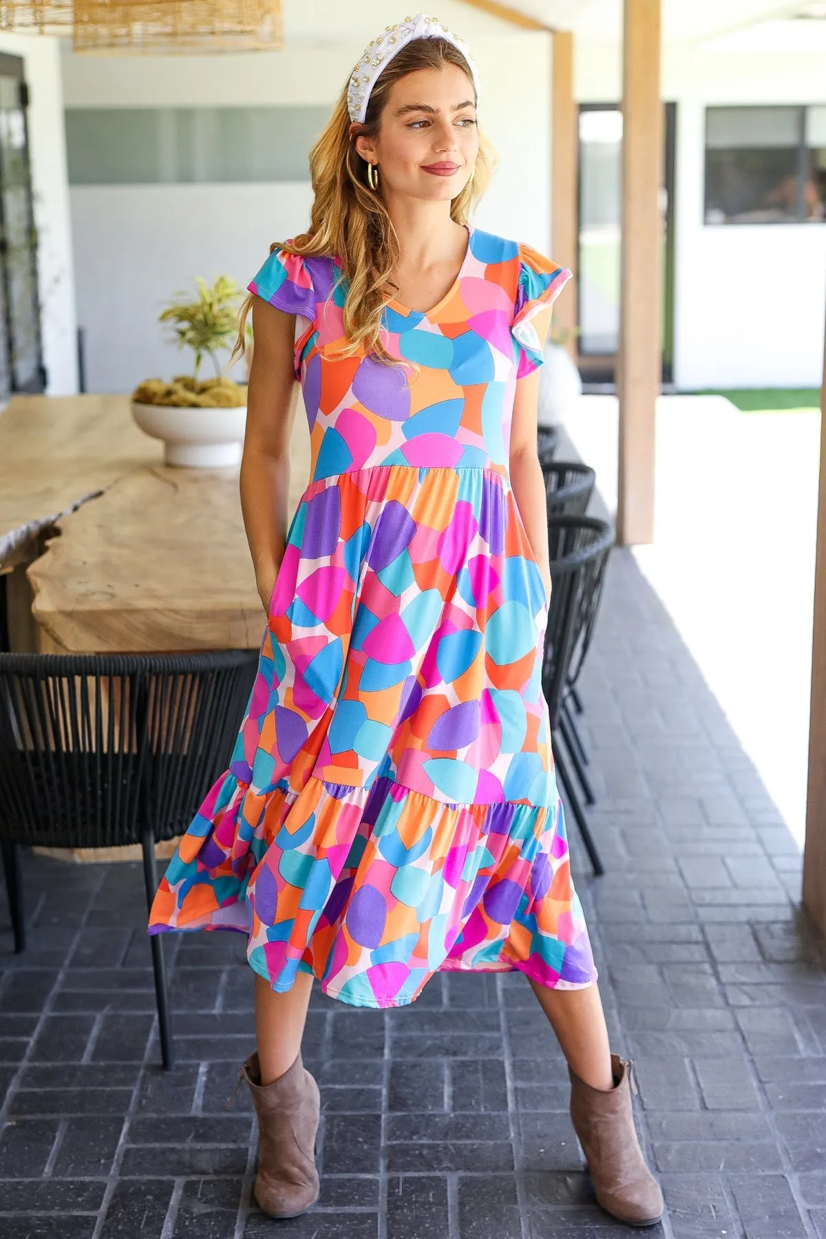 Multicolor Abstract Babydoll Ruffle Hem Midi Dress