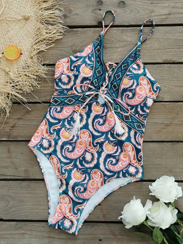 New deep V strappy one-piece swimsuit cashew flower print triangle one-piece swimsuit