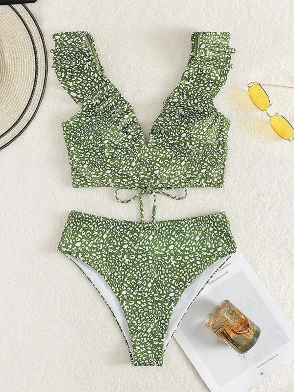 New women's lace V-neck ruffled high-waist split swimsuit bikini