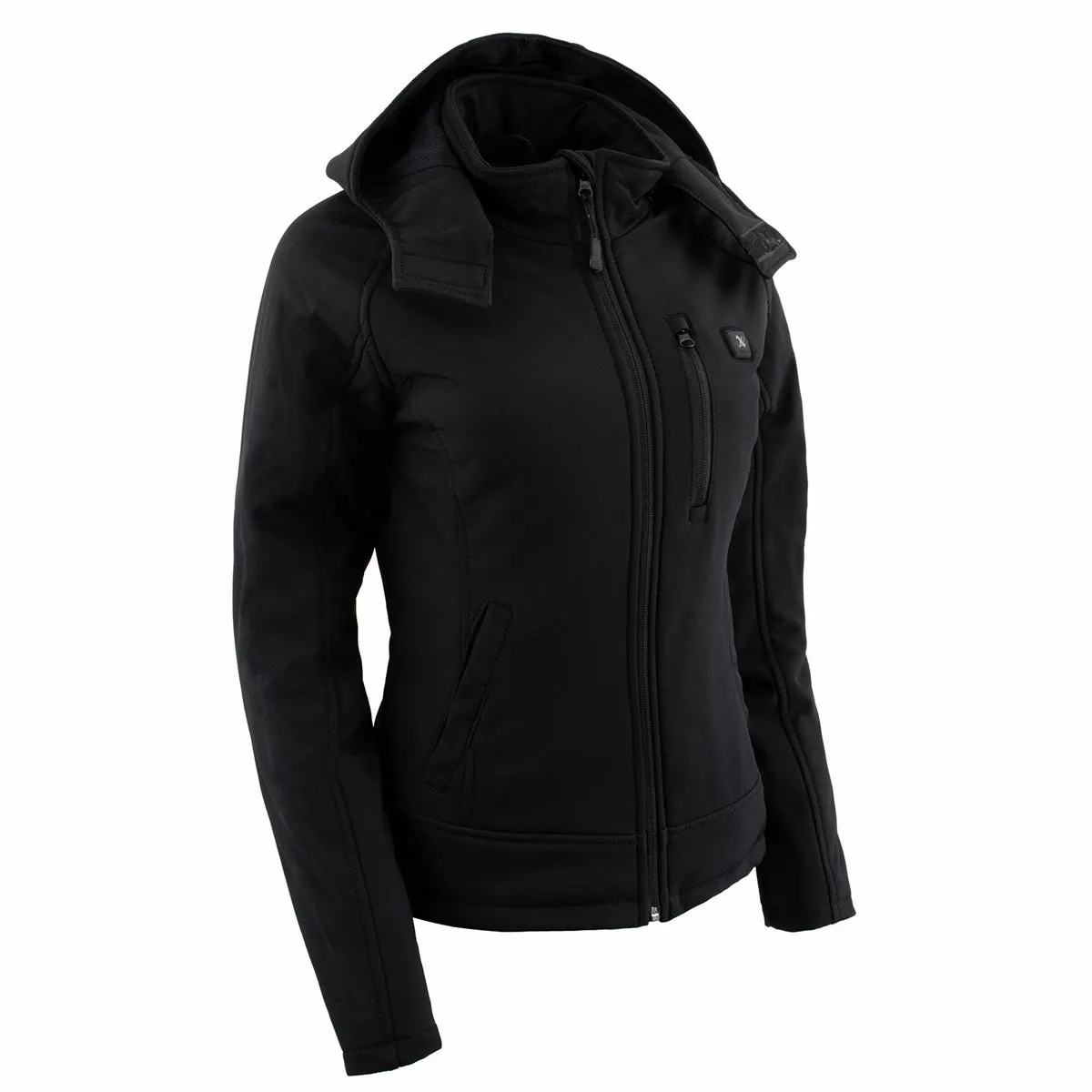 Nexgen Heat MPL2767SET Women's Black 'Heated' Soft Shell Jacket with Detachable Hood for Riding , Hiking w/ Battery