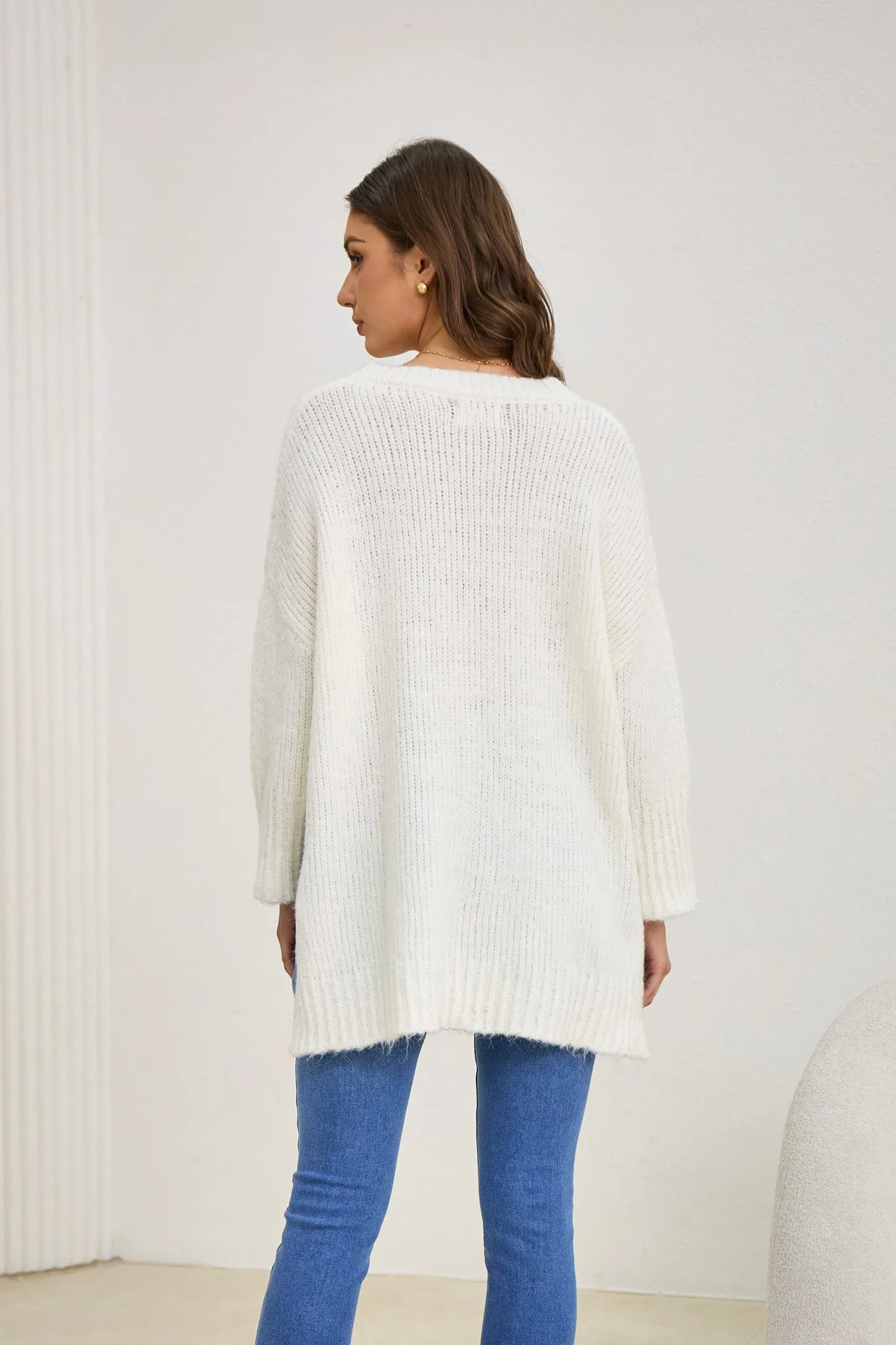 Nora Off-White Step Hem Knit Sweater