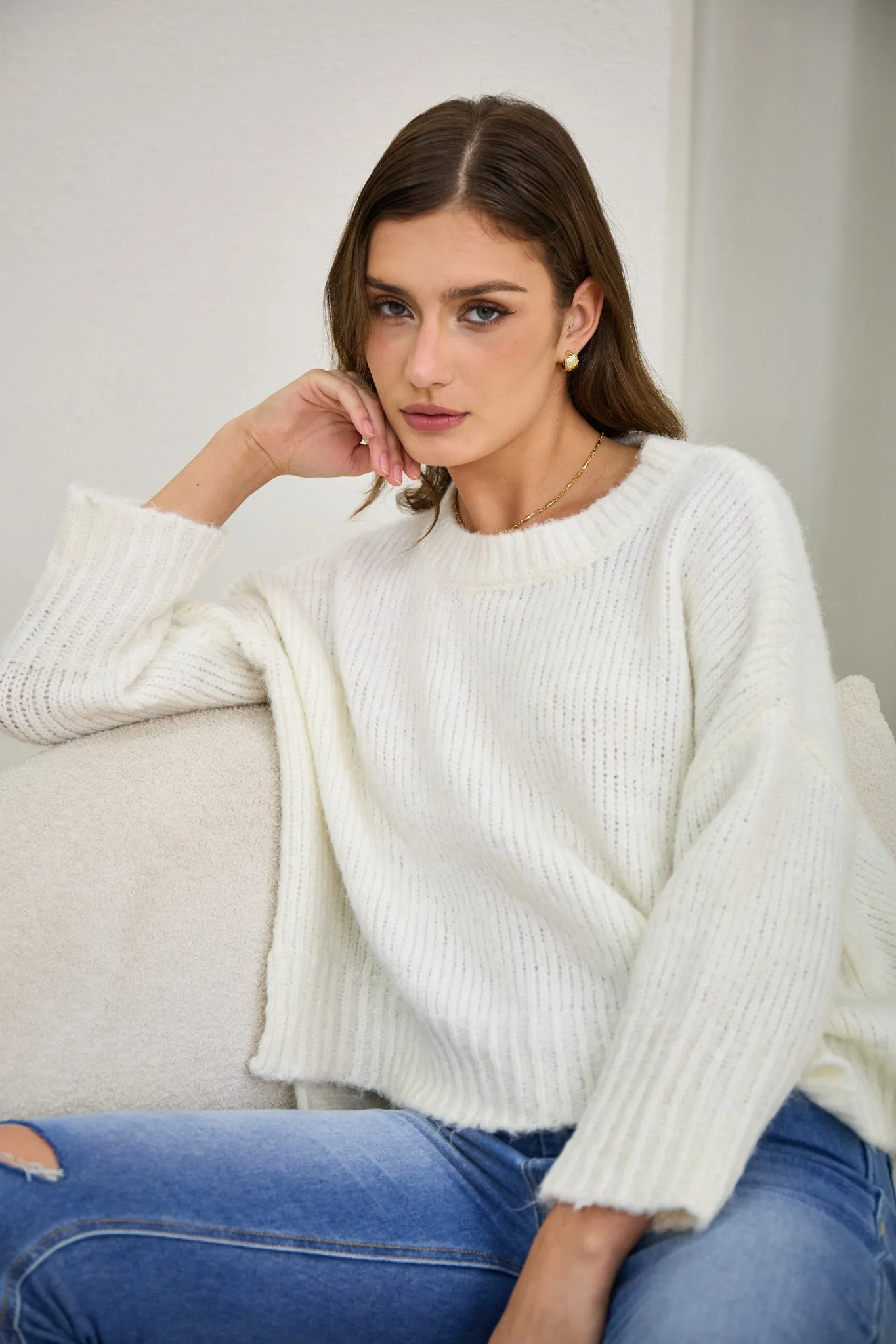 Nora Off-White Step Hem Knit Sweater