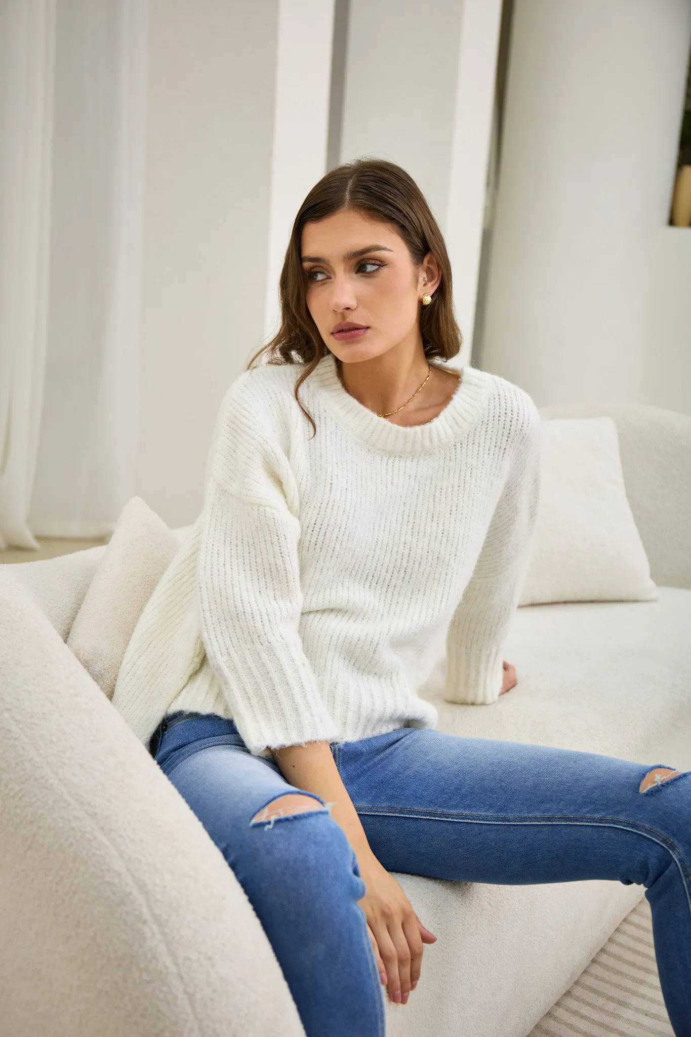 Nora Off-White Step Hem Knit Sweater