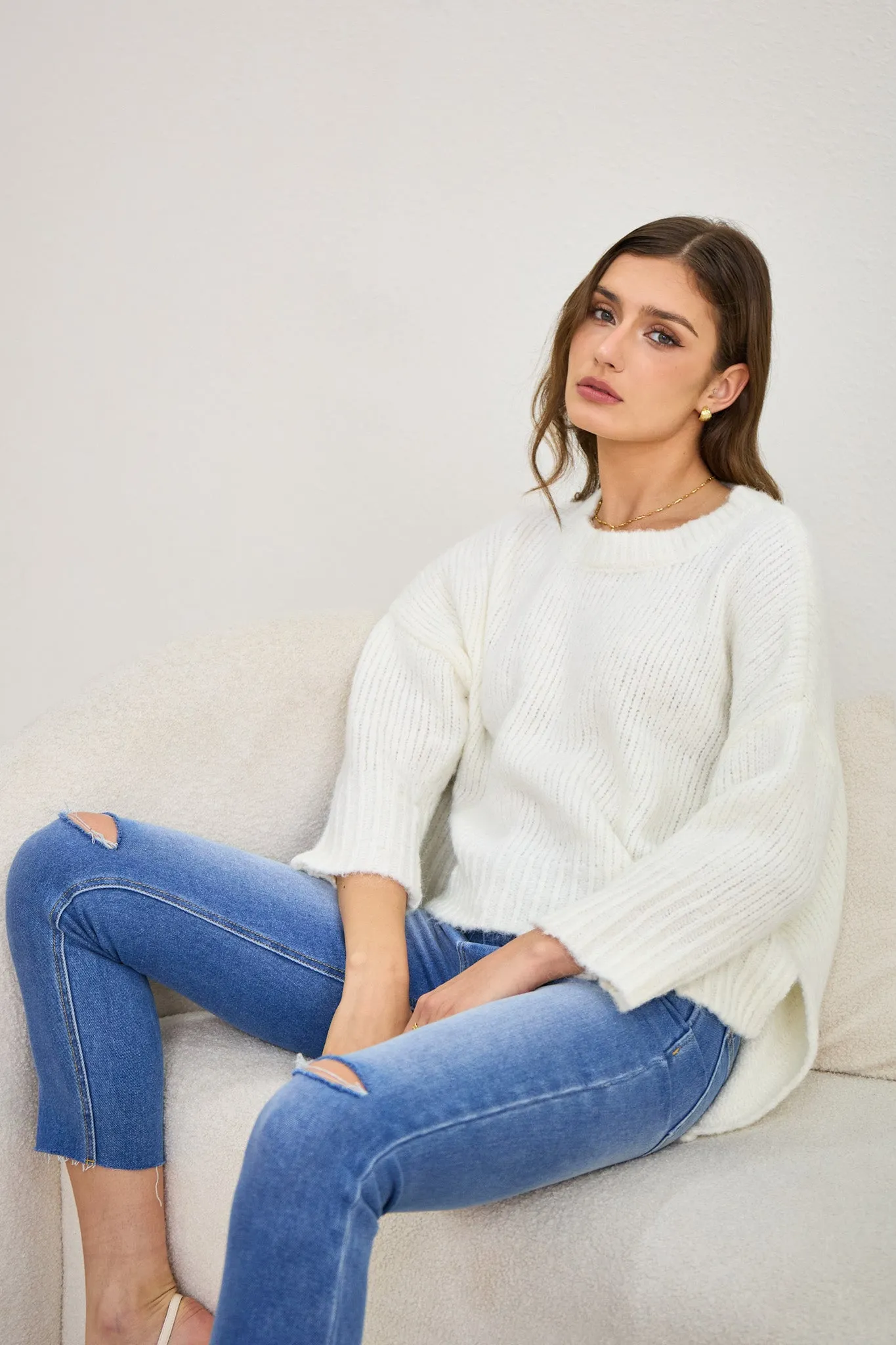 Nora Off-White Step Hem Knit Sweater