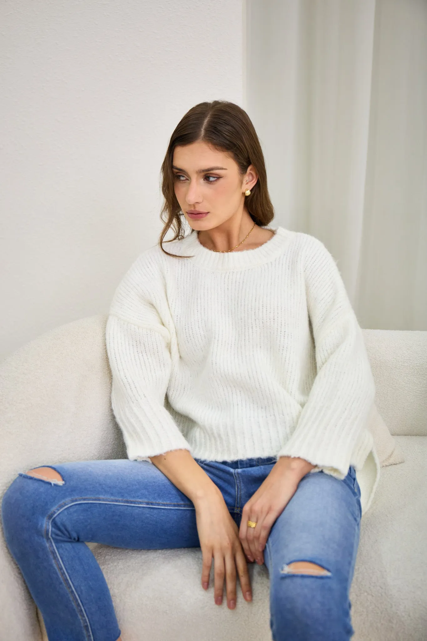 Nora Off-White Step Hem Knit Sweater