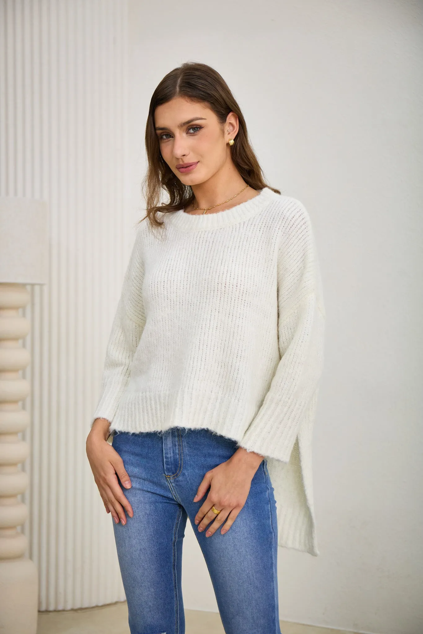 Nora Off-White Step Hem Knit Sweater