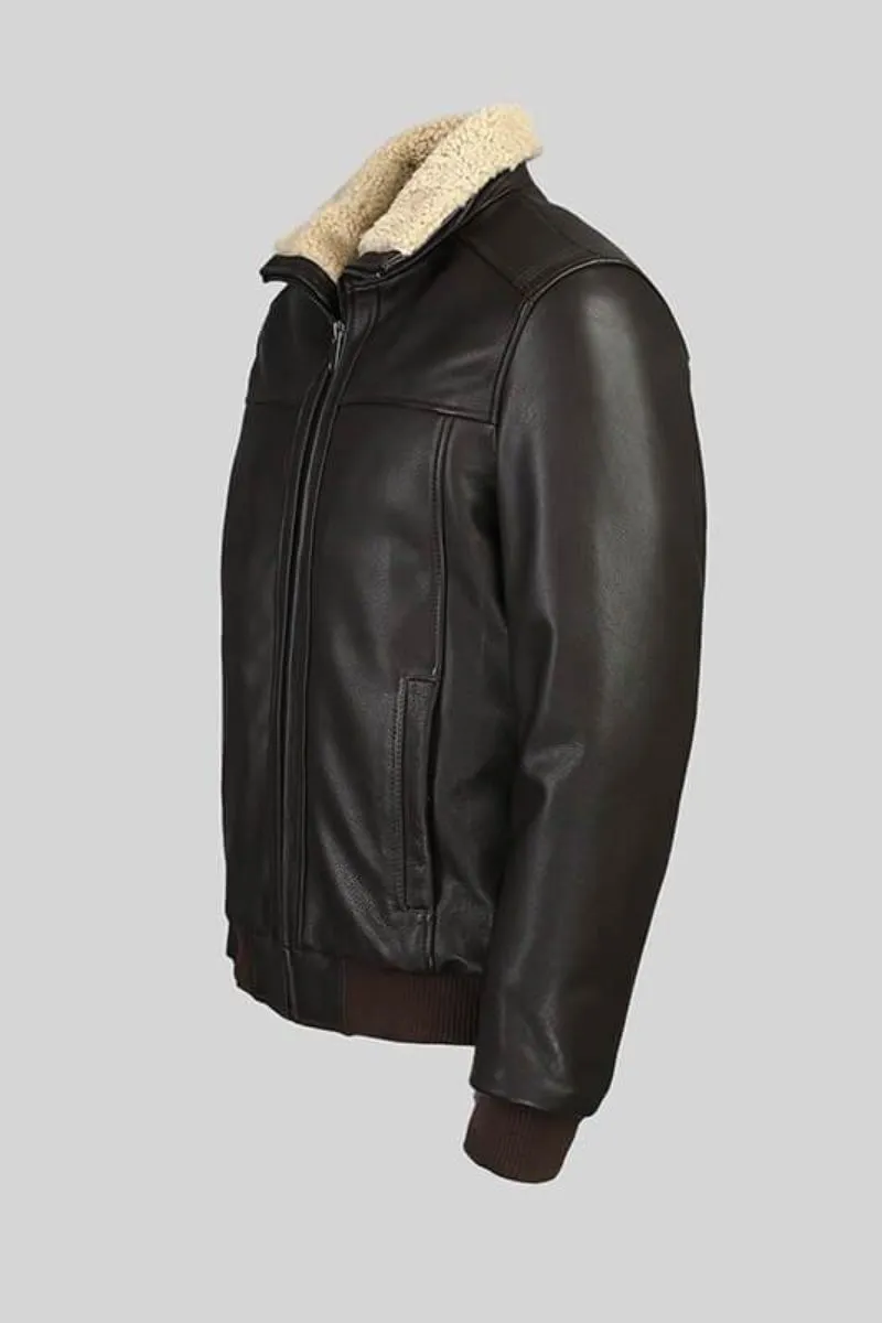 Novado - Bomber Full Grain Leather Jacket With Fur Collar - Choco Brown & Black - 1 Piece