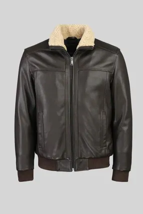 Novado - Bomber Full Grain Leather Jacket With Fur Collar - Choco Brown & Black - 1 Piece