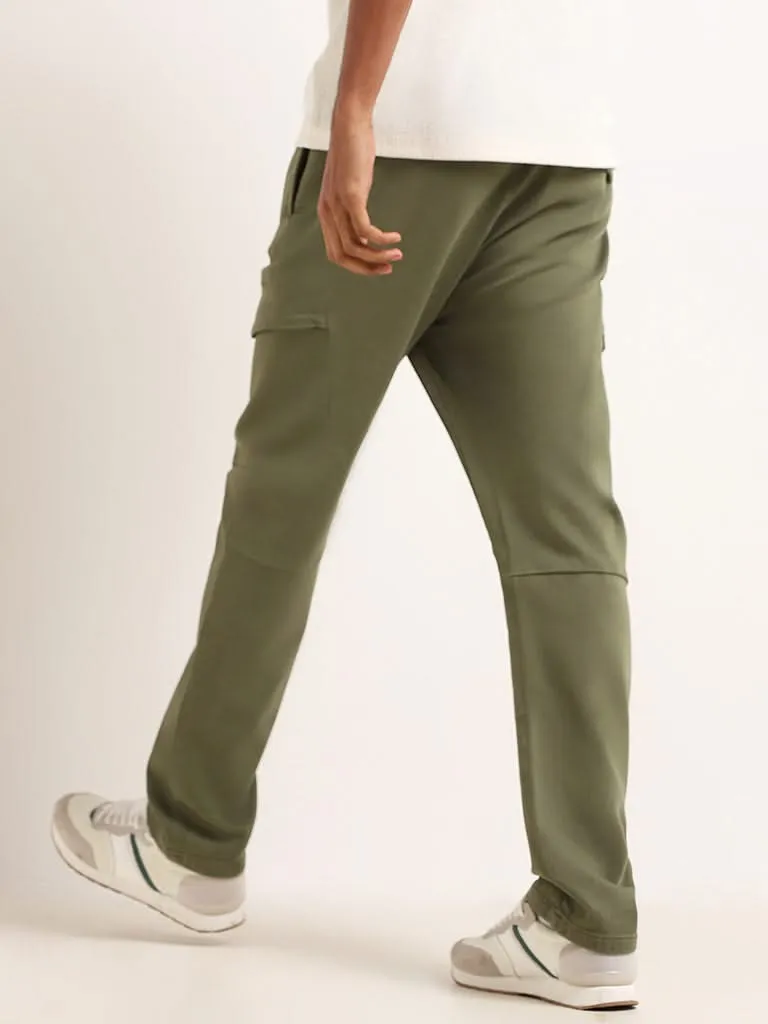 Nuon Olive Green Cargo Cotton Blend Relaxed Fit Mid Rise Pants