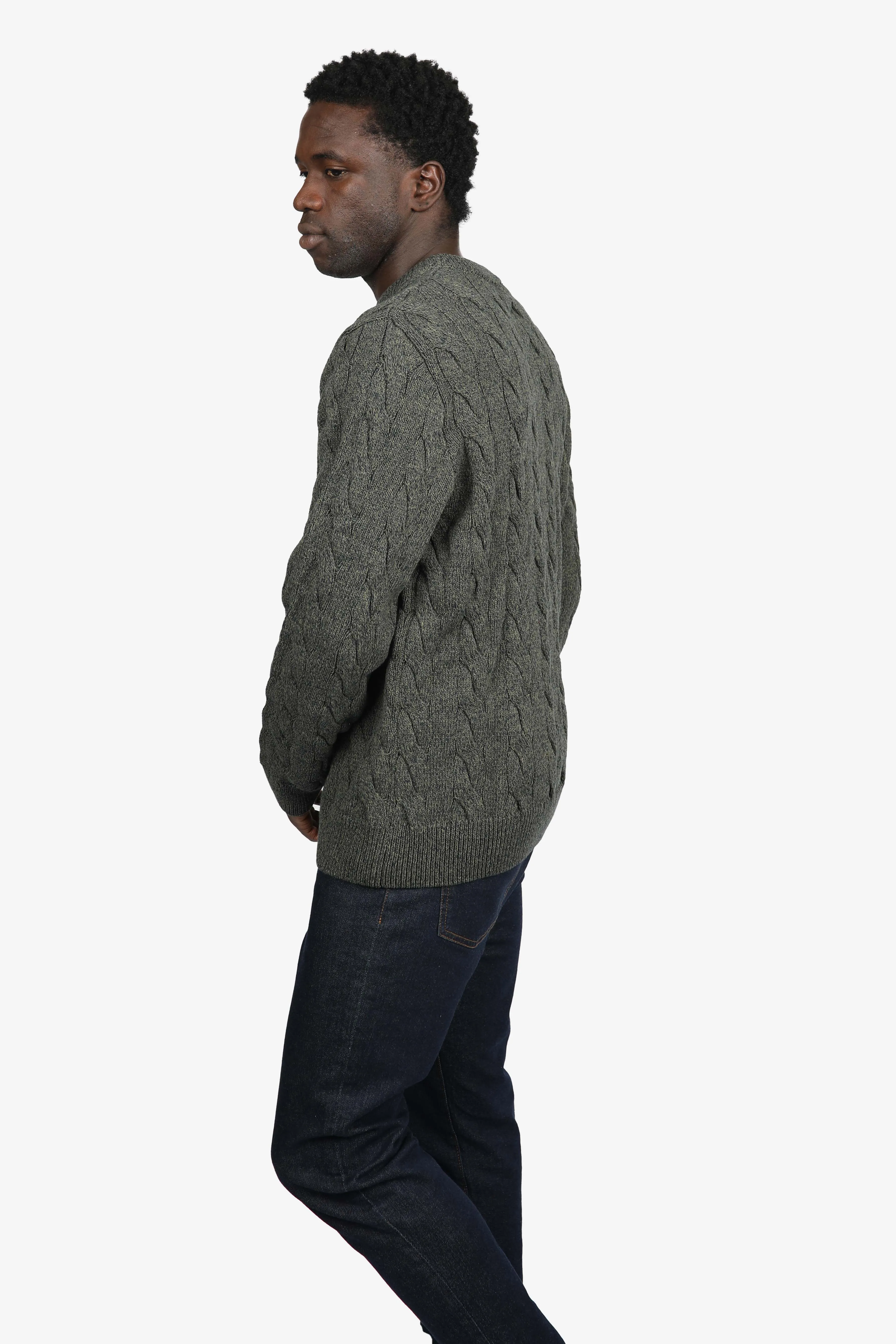 Olive Cotton Chunky Cable Crew Neck Jumper