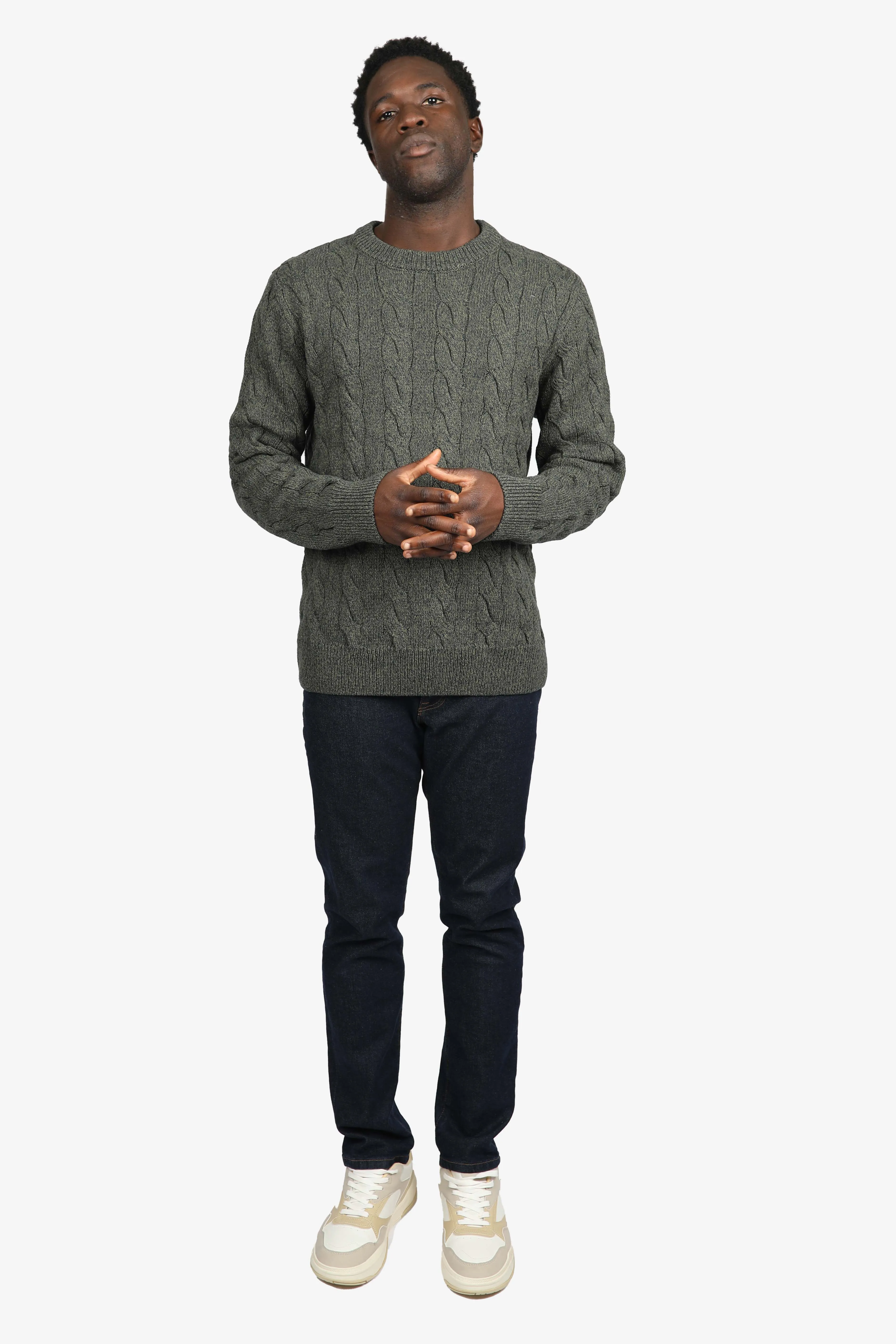 Olive Cotton Chunky Cable Crew Neck Jumper