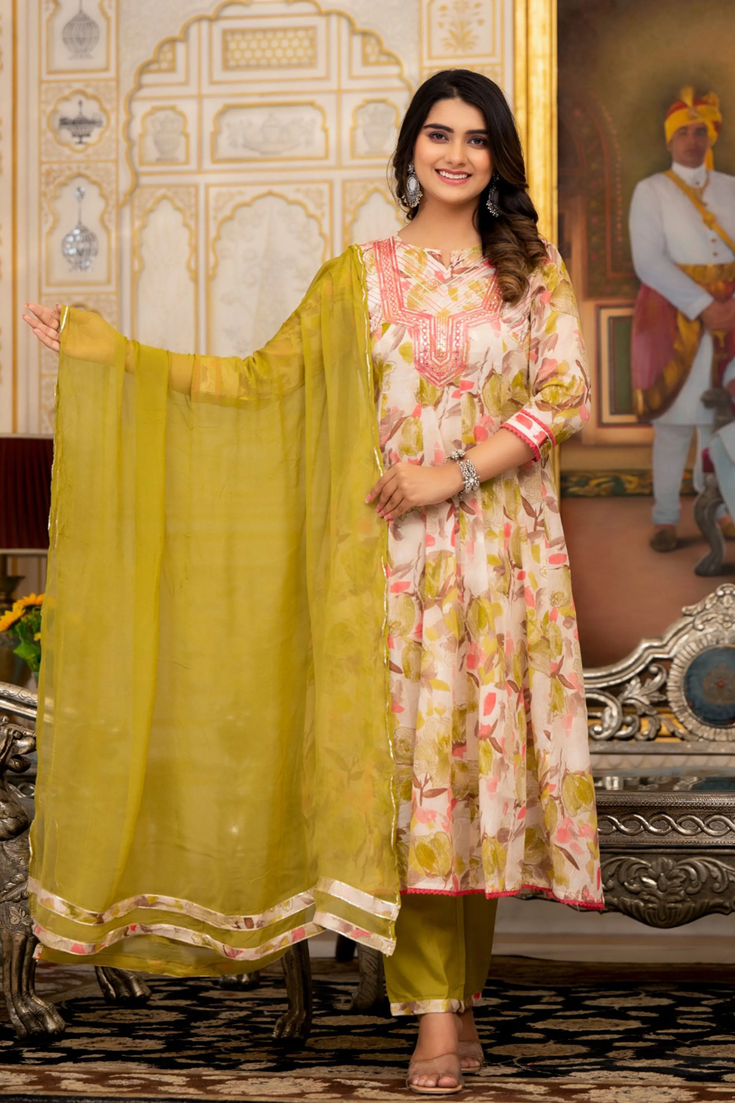 Olive Floral Foiled Anarkali Set