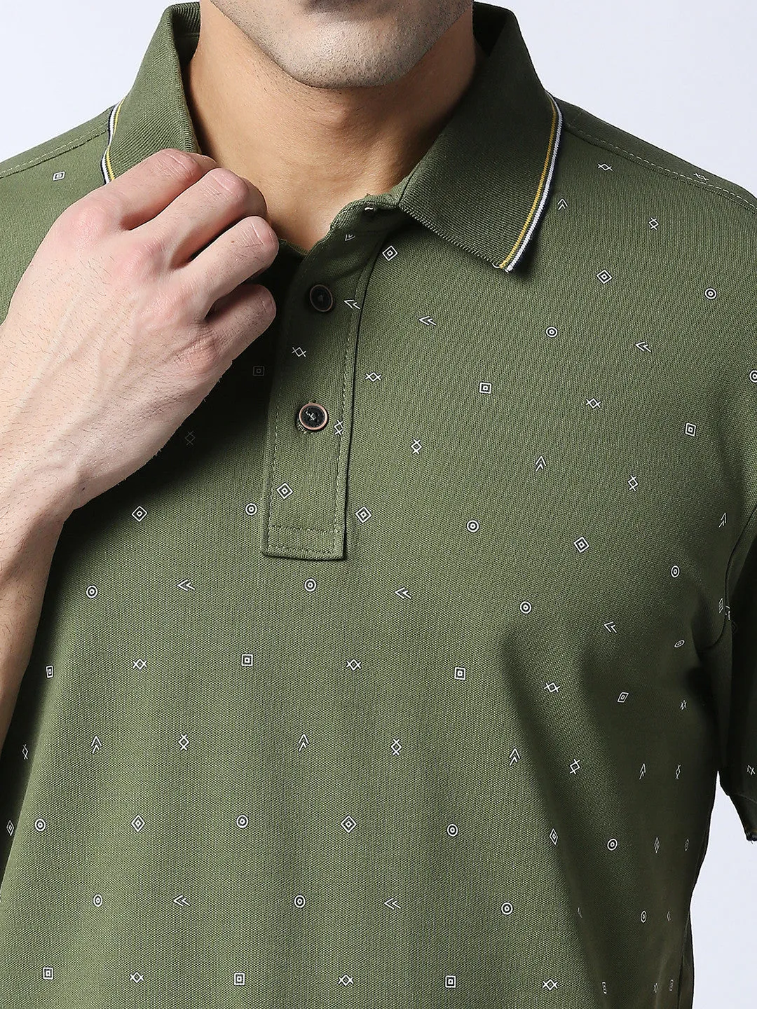 Olive Green Printed Pique Lycra Polo T-shirt