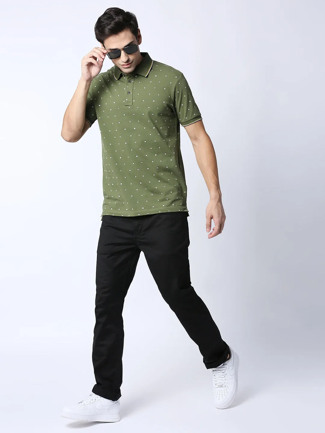 Olive Green Printed Pique Lycra Polo T-shirt