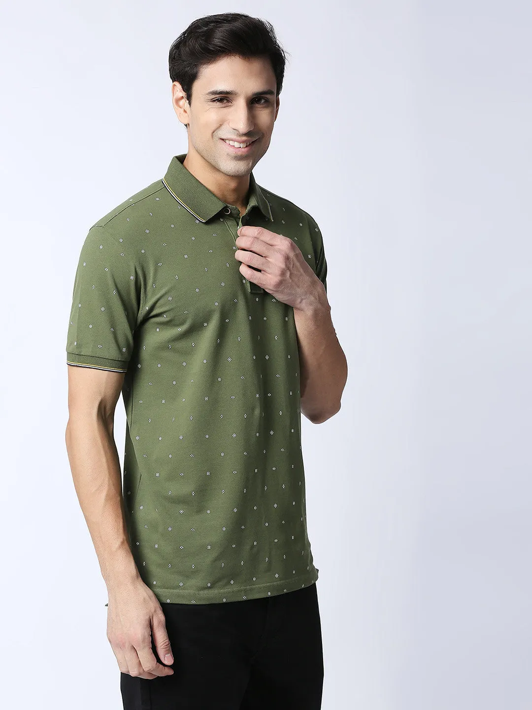 Olive Green Printed Pique Lycra Polo T-shirt