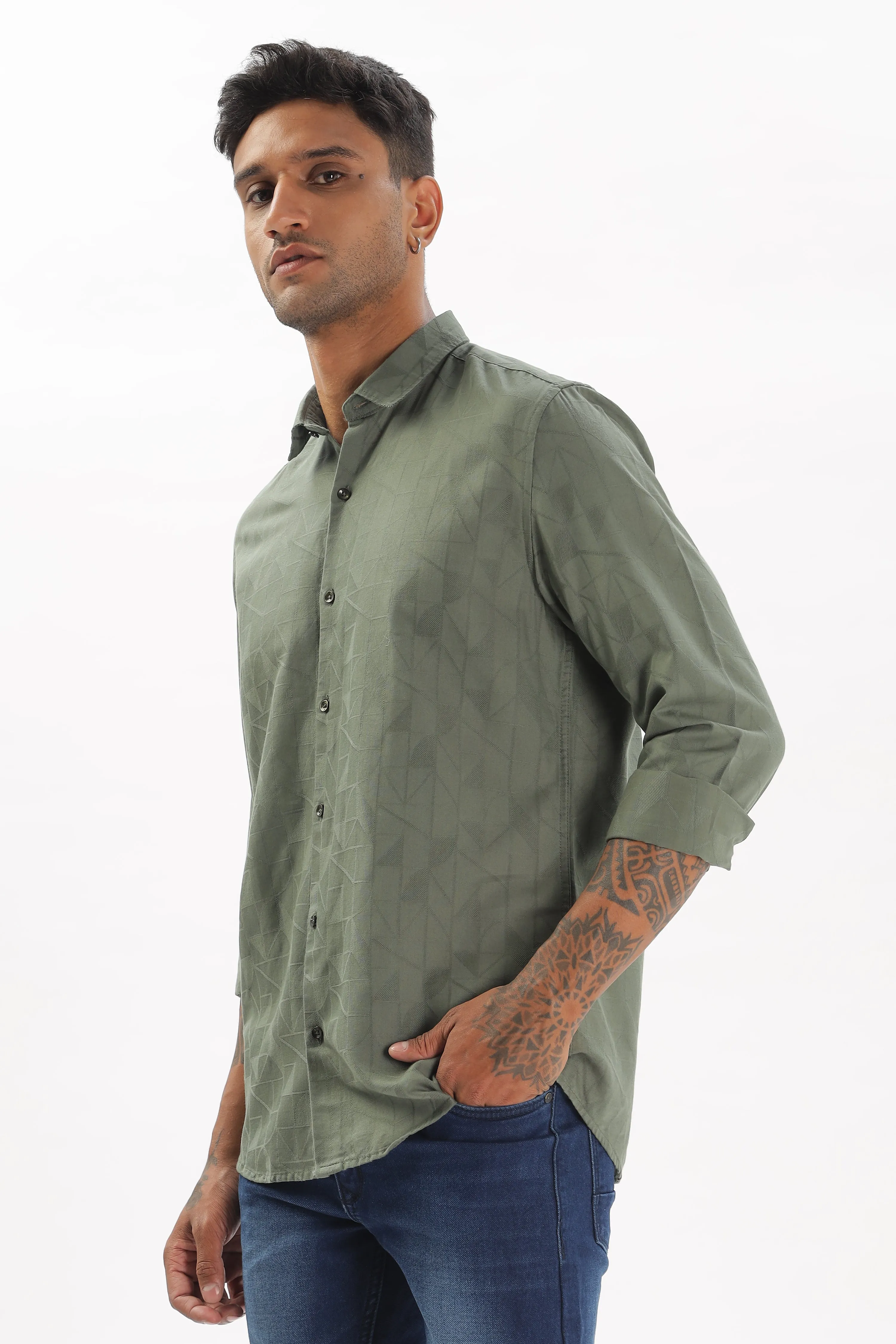 Olive Green Textured Party Wear Shirt