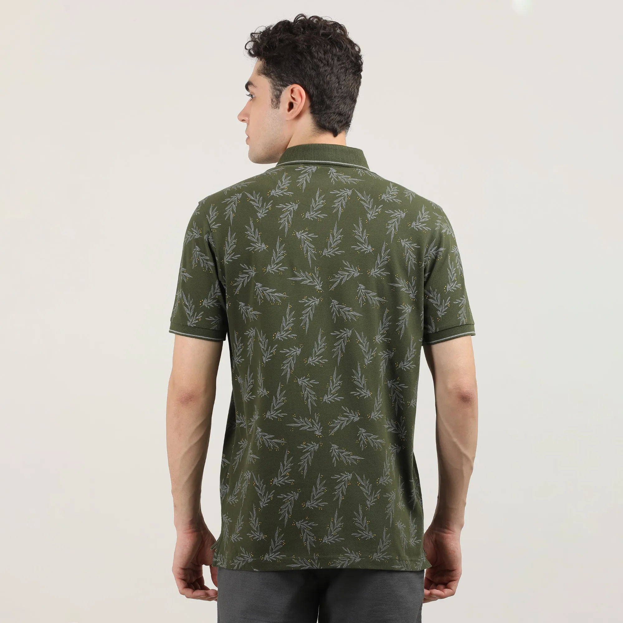 Olive Printed Polo T-shirt With Tipping Collar