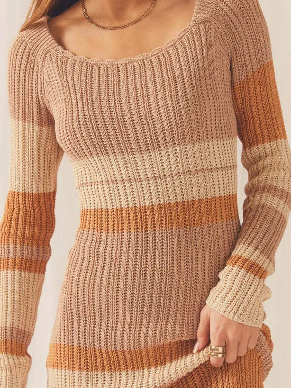 One-neck off-the-shoulder hollow beach long-sleeved knitted striped dress for women