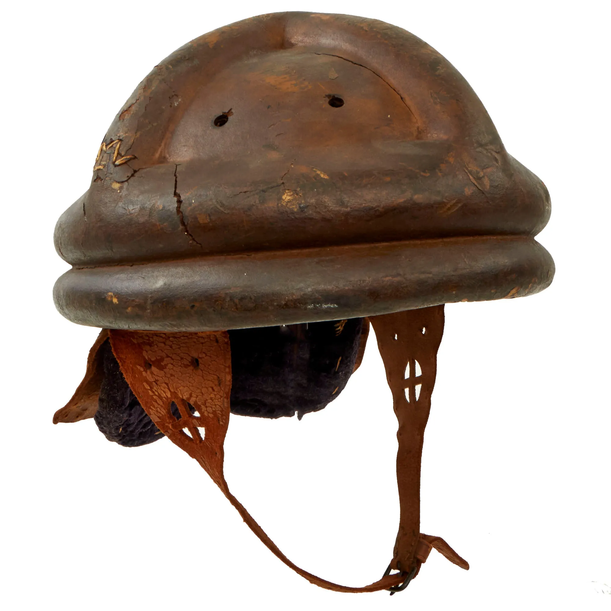 Original Imperial German WWI Panzer Tanker Lederschutzhelm Leather Crash Helmet with Neck Guard - Formerly Part of the A.A.F. Tank Museum