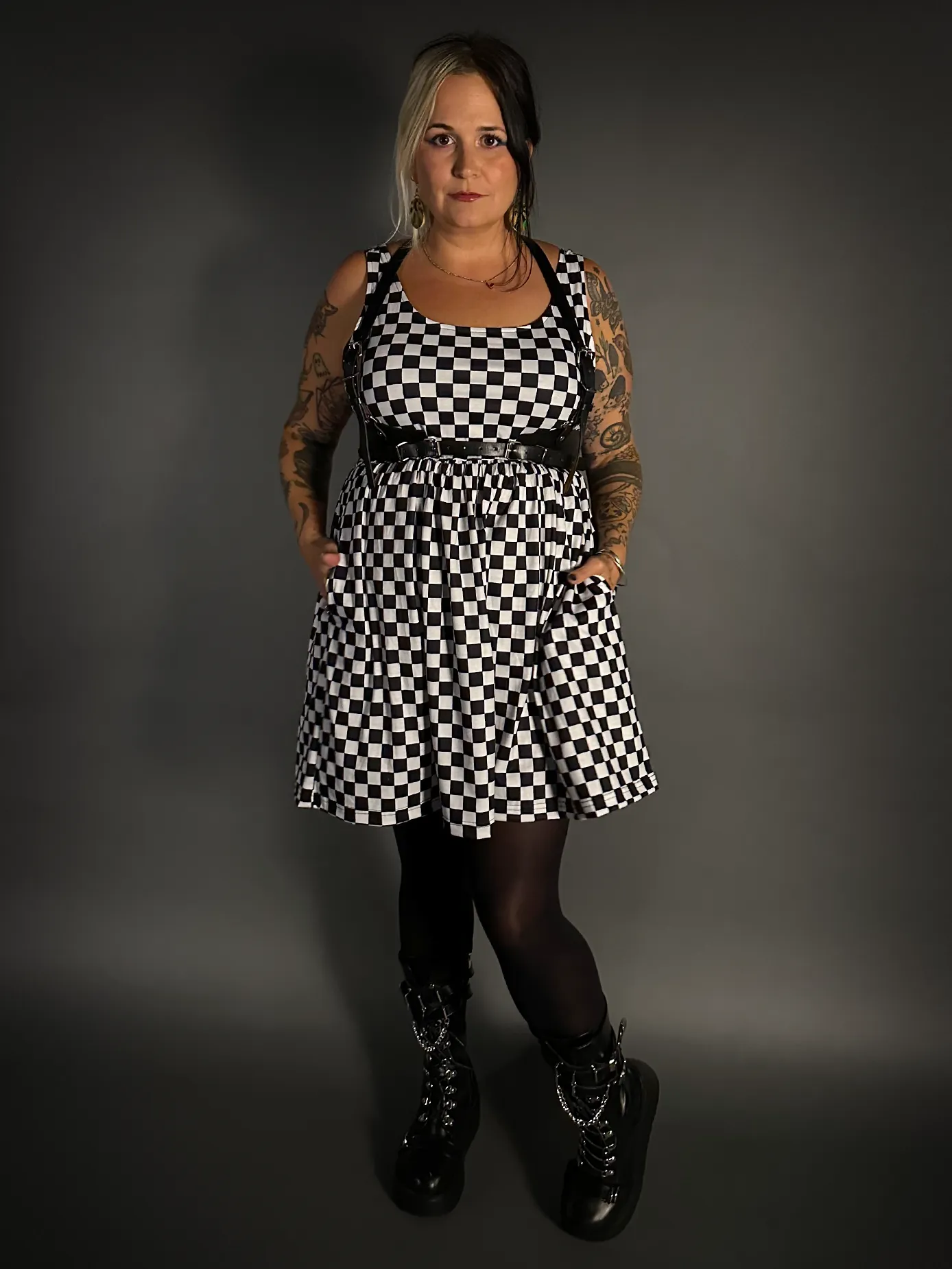 Outfit Set - Tommyrot Checkered Skater Dress & Classic Black Shoulder Harness Belt