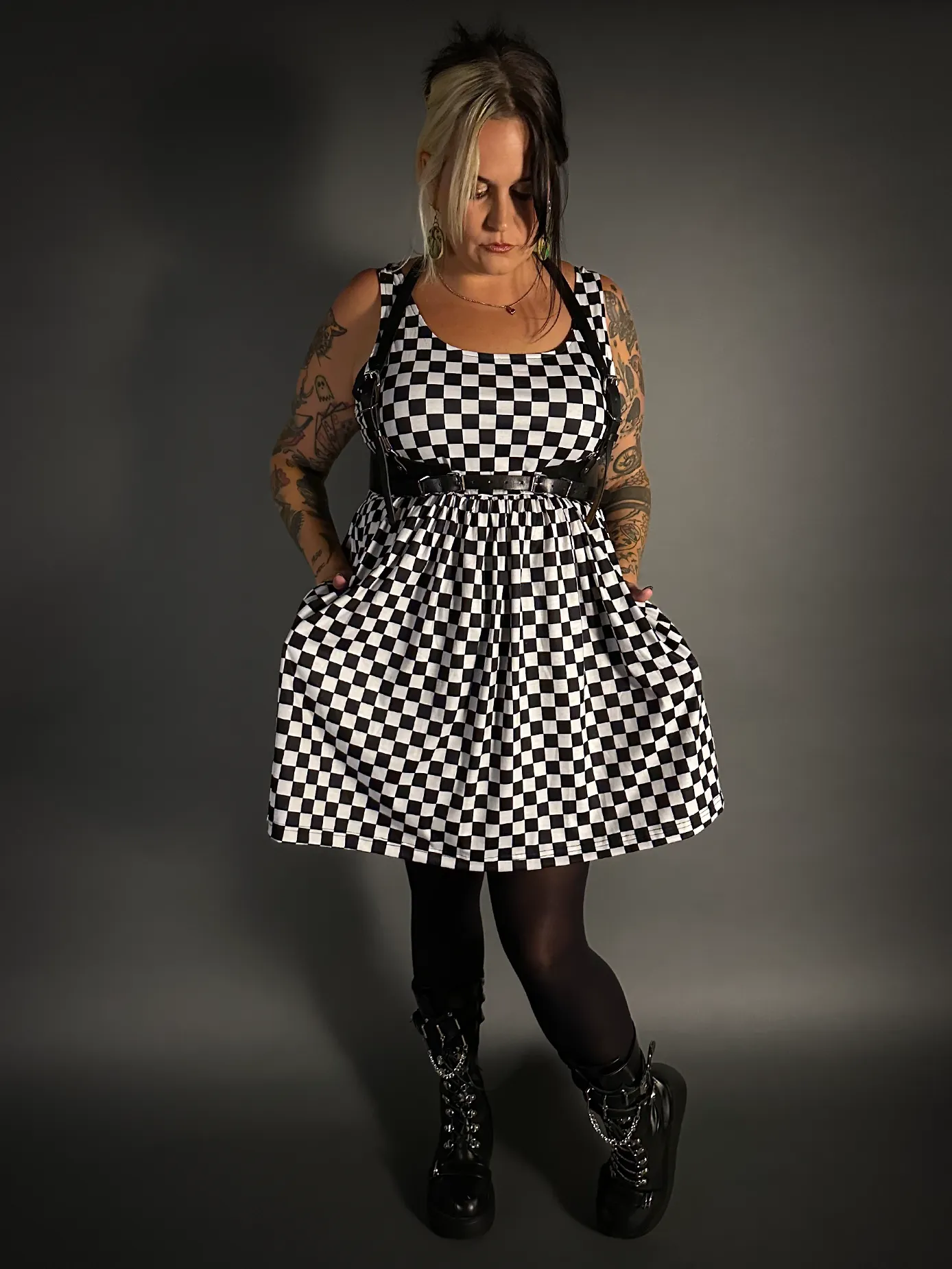 Outfit Set - Tommyrot Checkered Skater Dress & Classic Black Shoulder Harness Belt