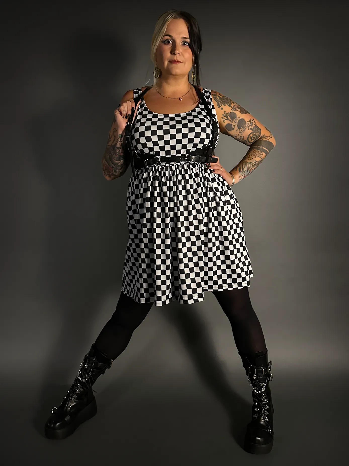 Outfit Set - Tommyrot Checkered Skater Dress & Classic Black Shoulder Harness Belt