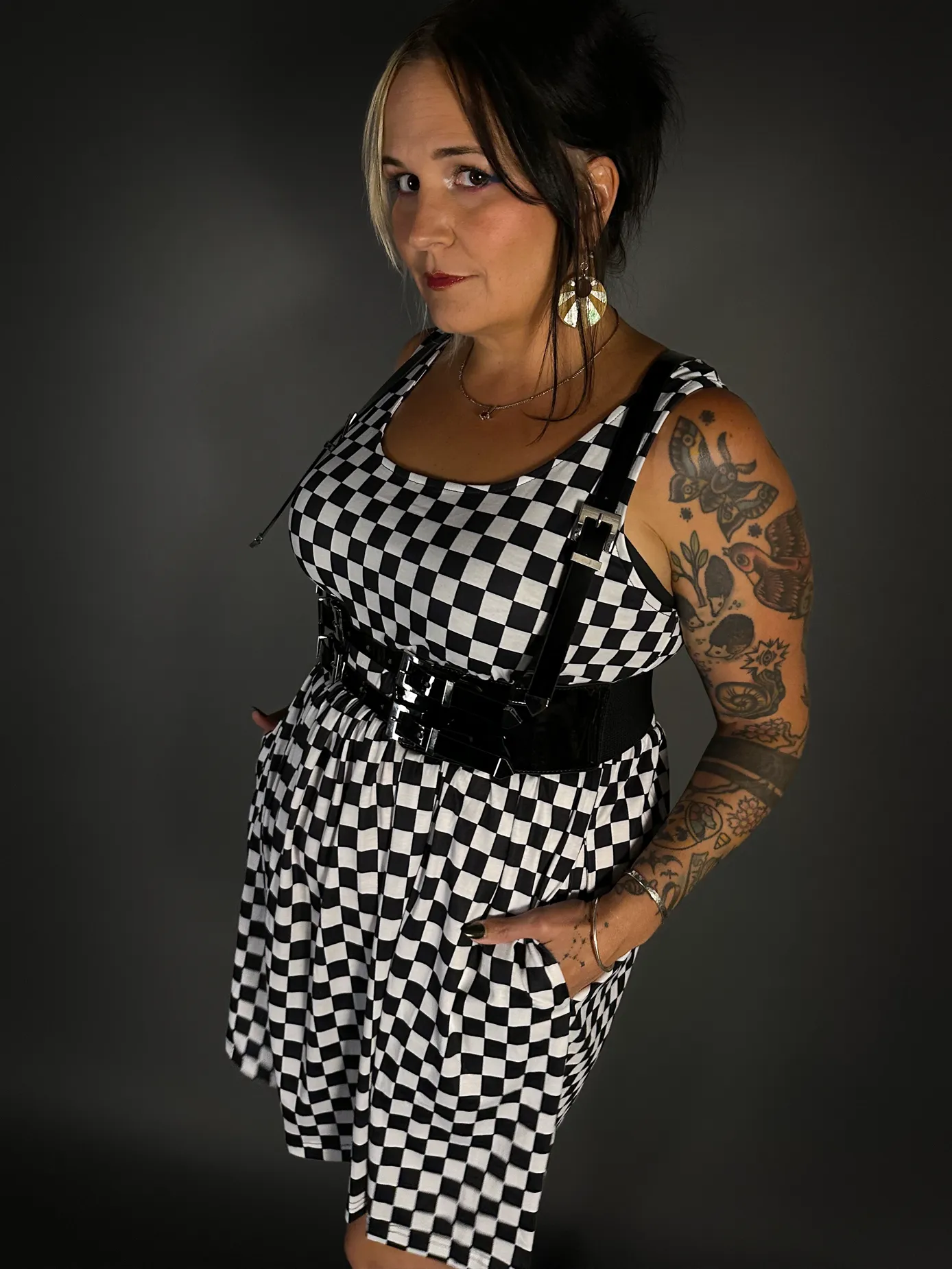 Outfit Set - Tommyrot Checkered Skater Dress & Patent PU Leather Two Buckle Harness Belt