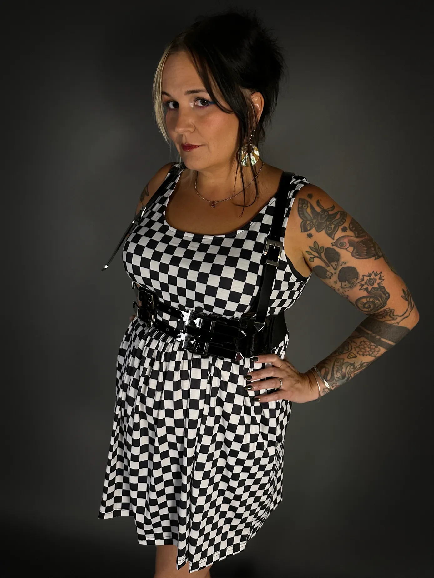 Outfit Set - Tommyrot Checkered Skater Dress & Patent PU Leather Two Buckle Harness Belt