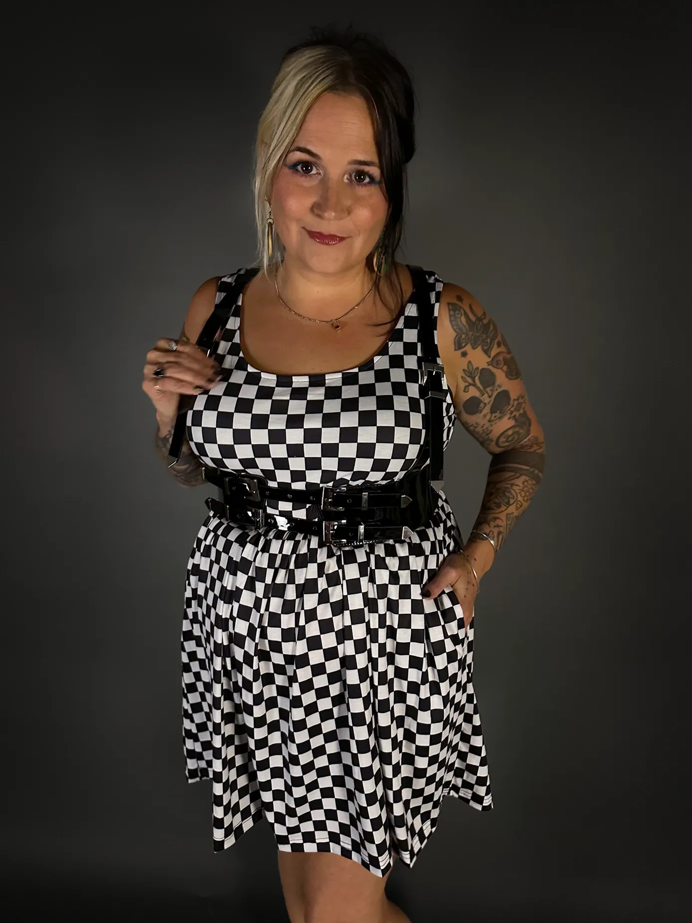 Outfit Set - Tommyrot Checkered Skater Dress & Patent PU Leather Two Buckle Harness Belt