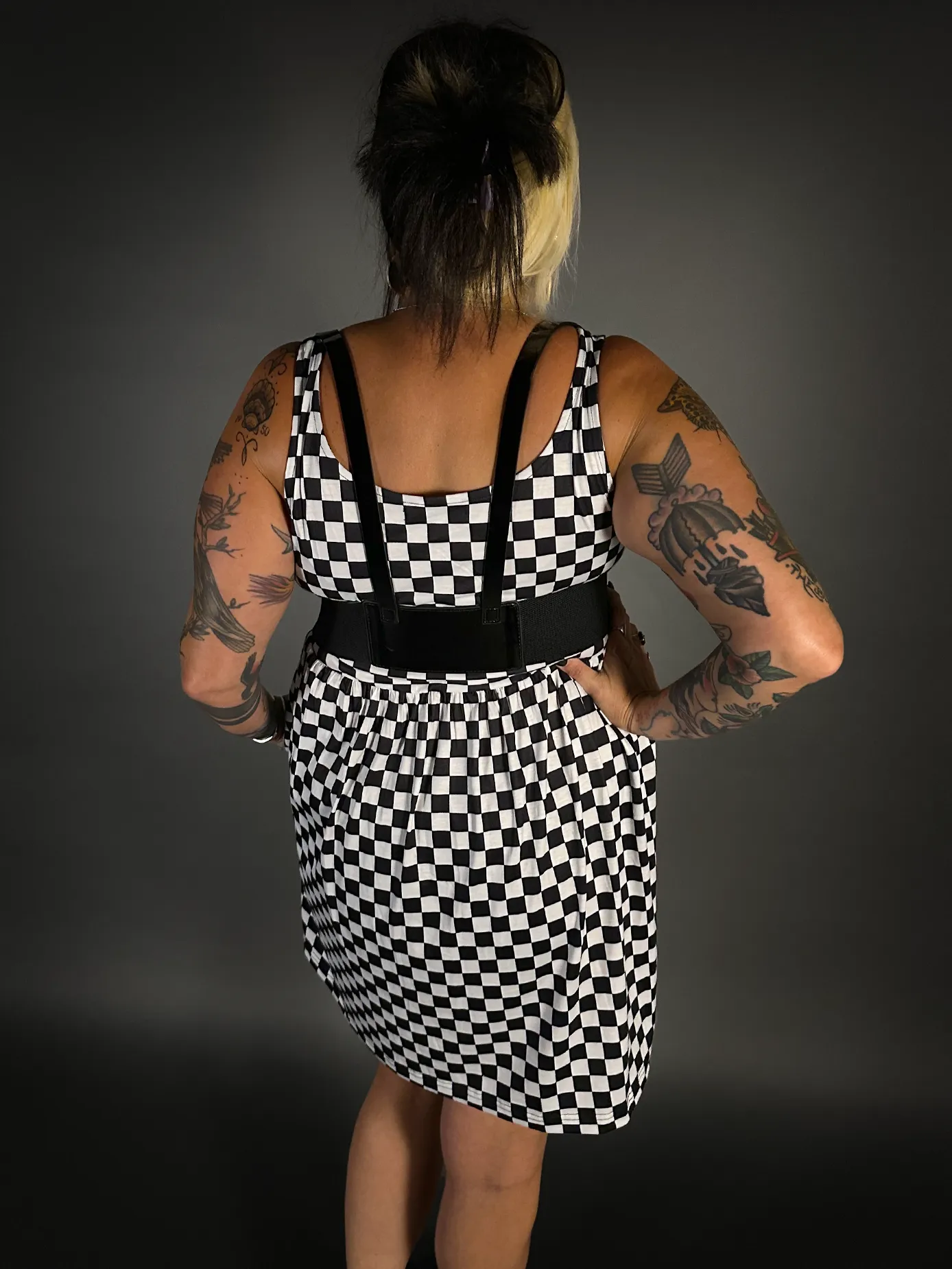 Outfit Set - Tommyrot Checkered Skater Dress & Patent PU Leather Two Buckle Harness Belt