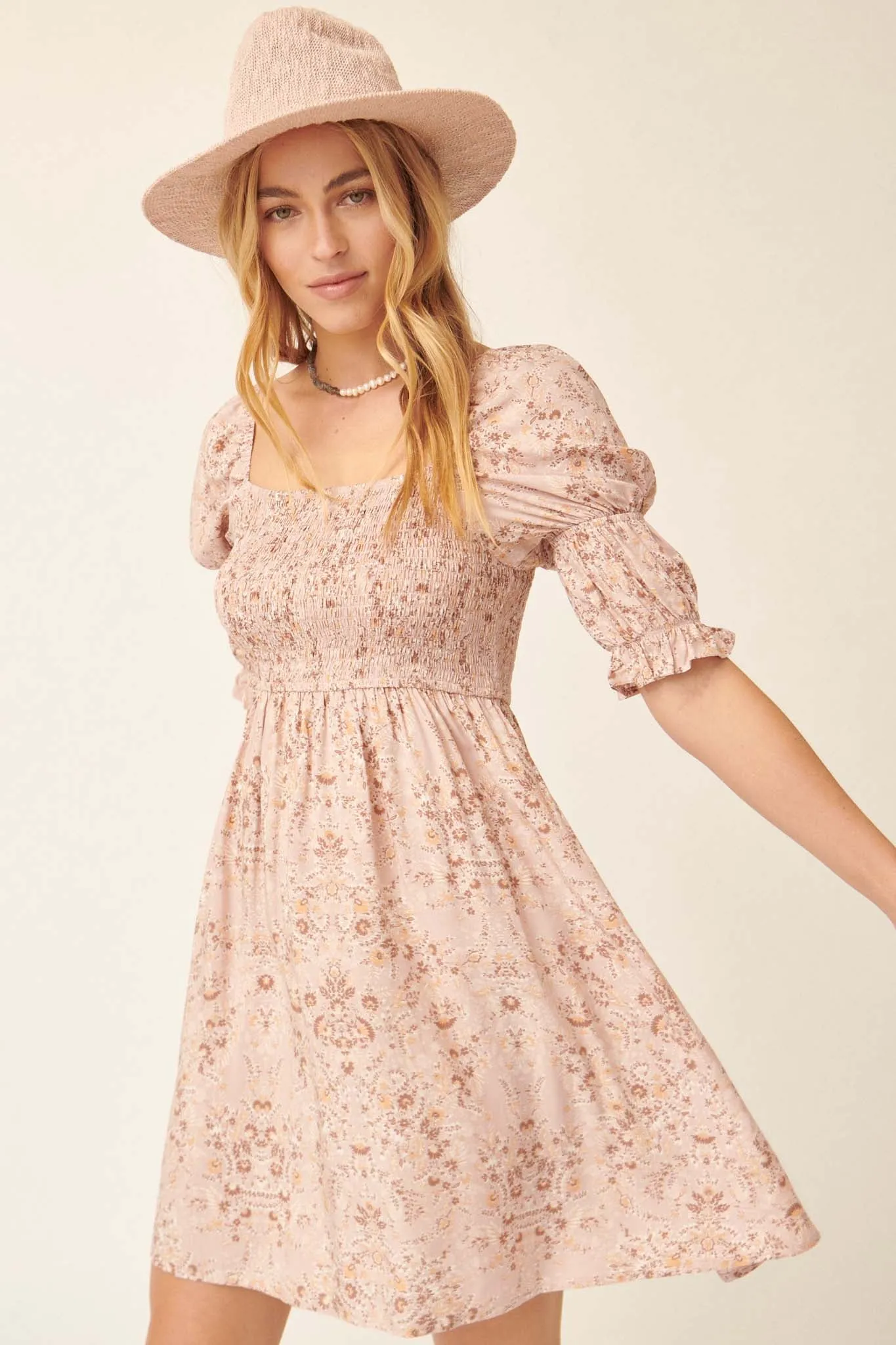 Palace Garden Smocked Floral Babydoll Dress