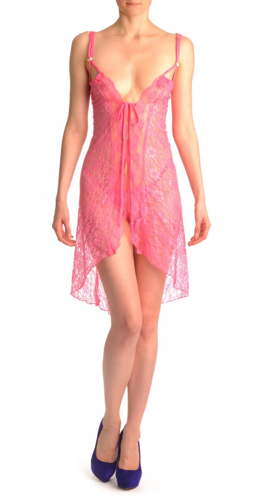 Pink Lace Knee Length Evening Dress Babydoll & Matching Brief Set